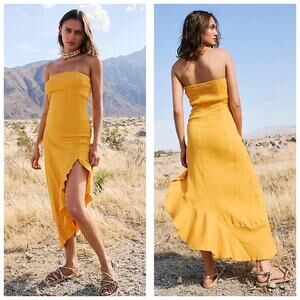 Free People Made Me Blush Midi Dress Size Small Yellow Asymmetrical Ruffle Hem